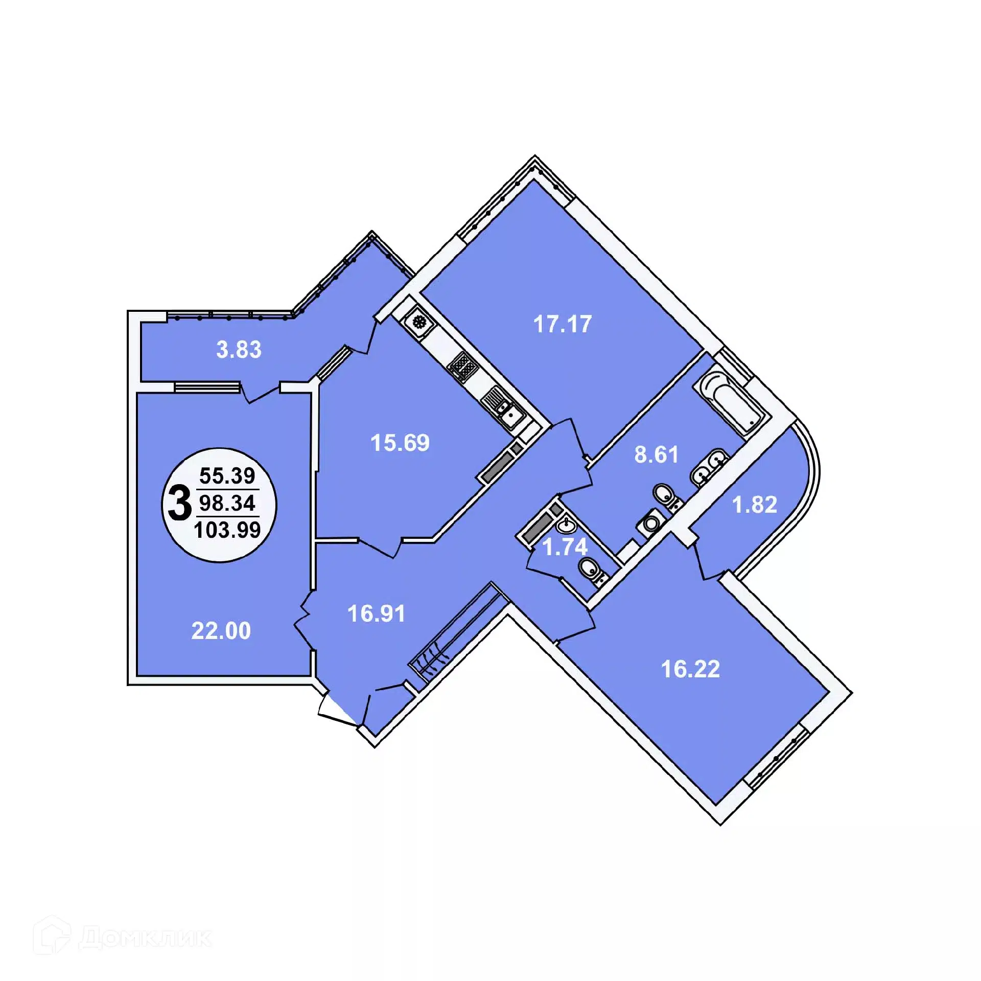 Планировка: 3-комн. квартира 103.99 м² в новостройке Краснодар Сити