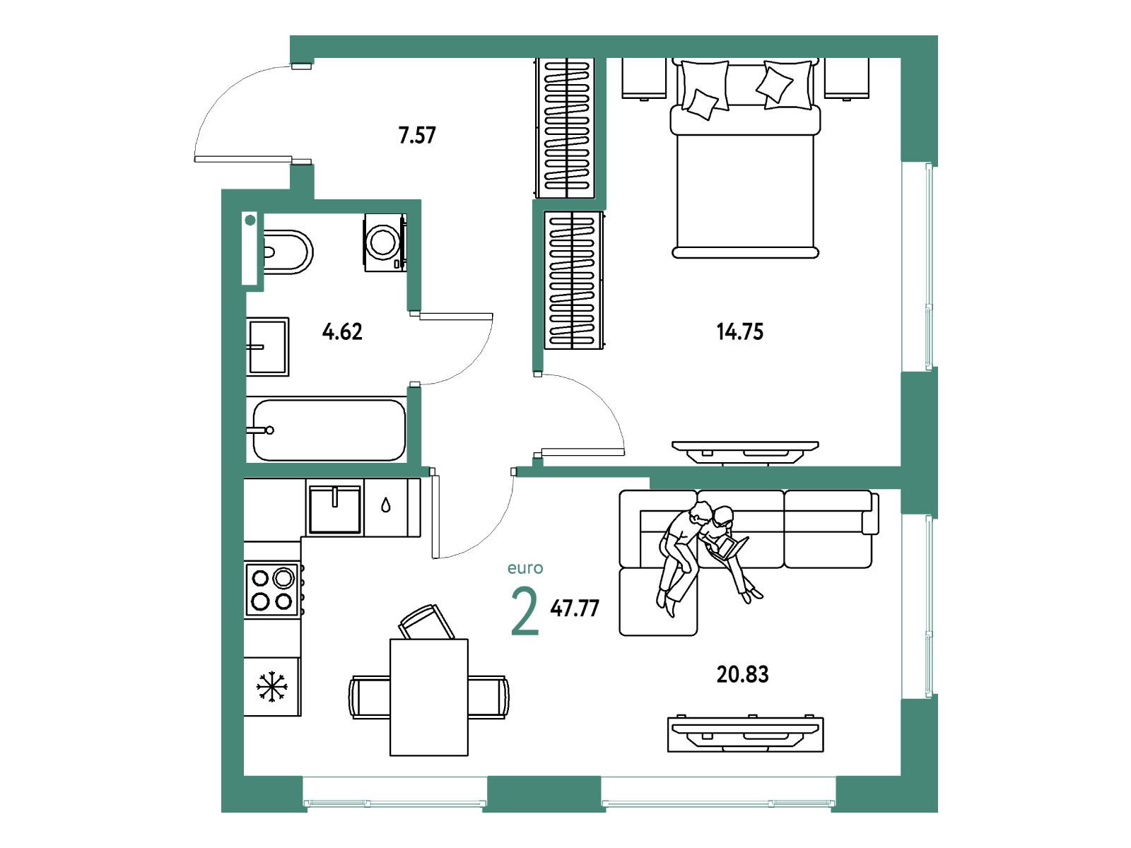 Планировка: 2-комн. квартира 47.77 м² в новостройке Страна Парковая