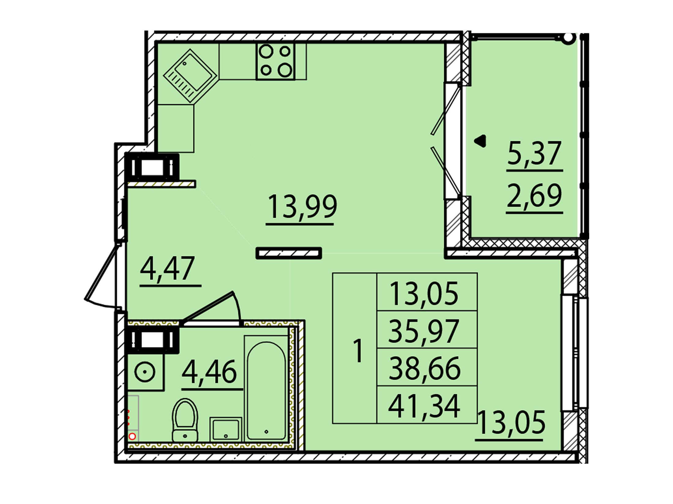 Планировка: 1-комн. квартира 35.97 м² в новостройке Образцовый квартал 15