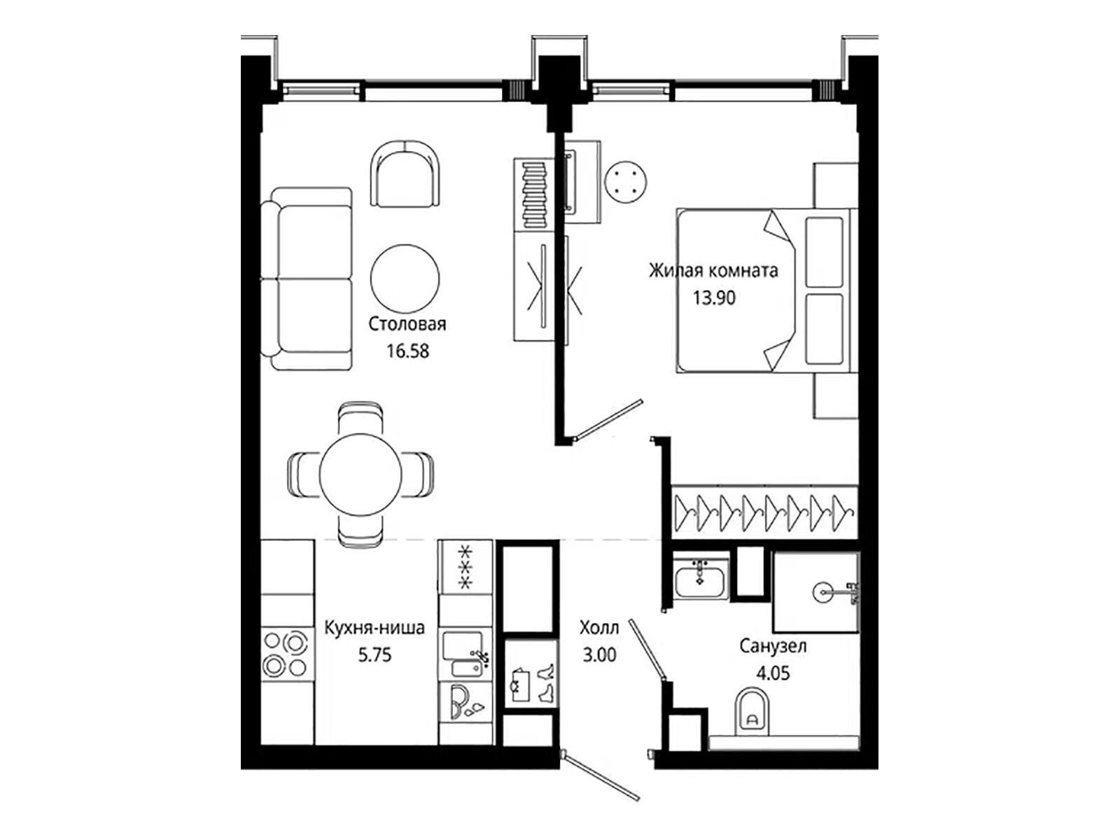 Планировка: 1-комн. квартира 43.80 м² в новостройке Мод