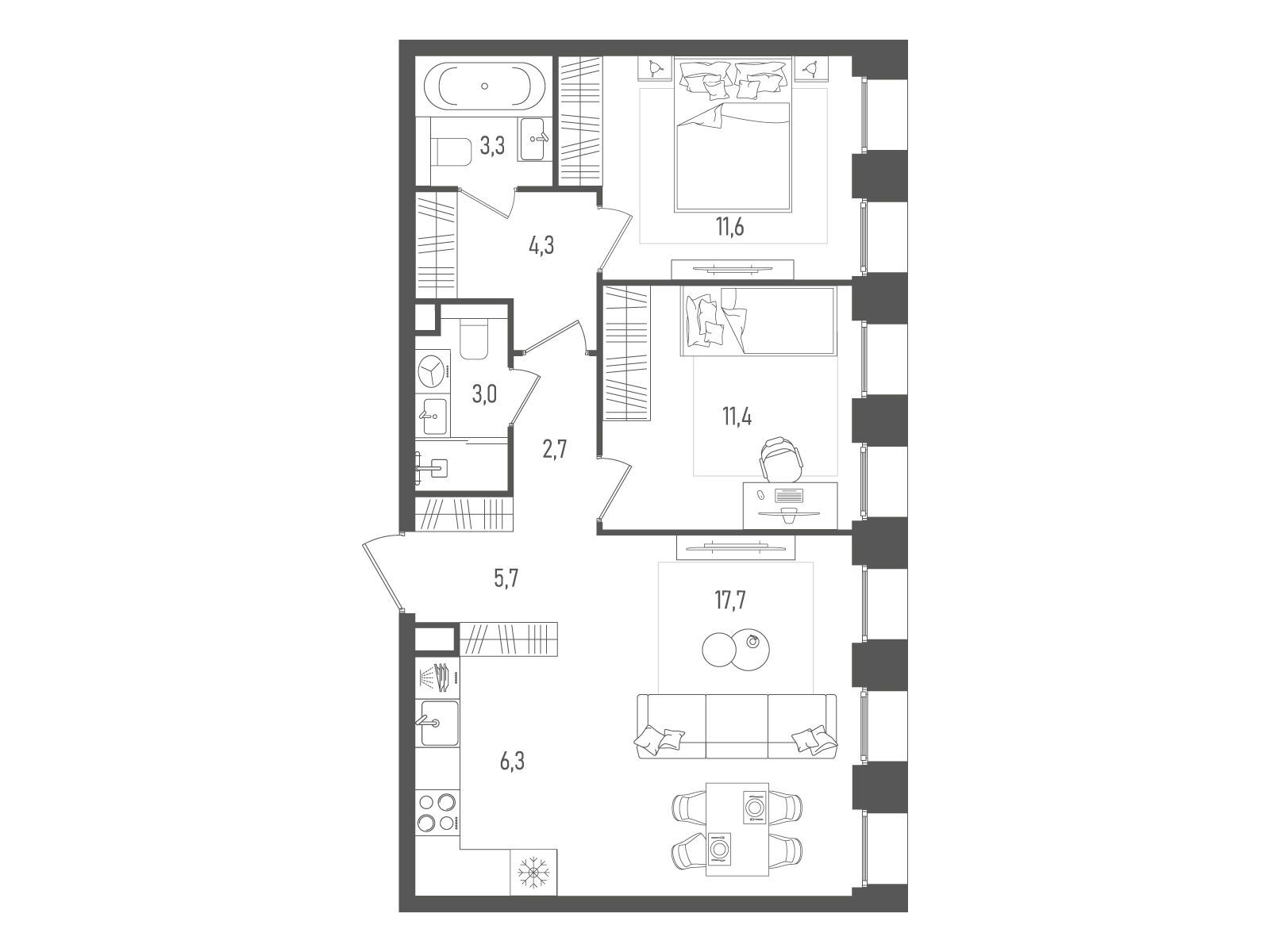 Планировка: 2-комн. квартира 66.00 м² в новостройке Пейв