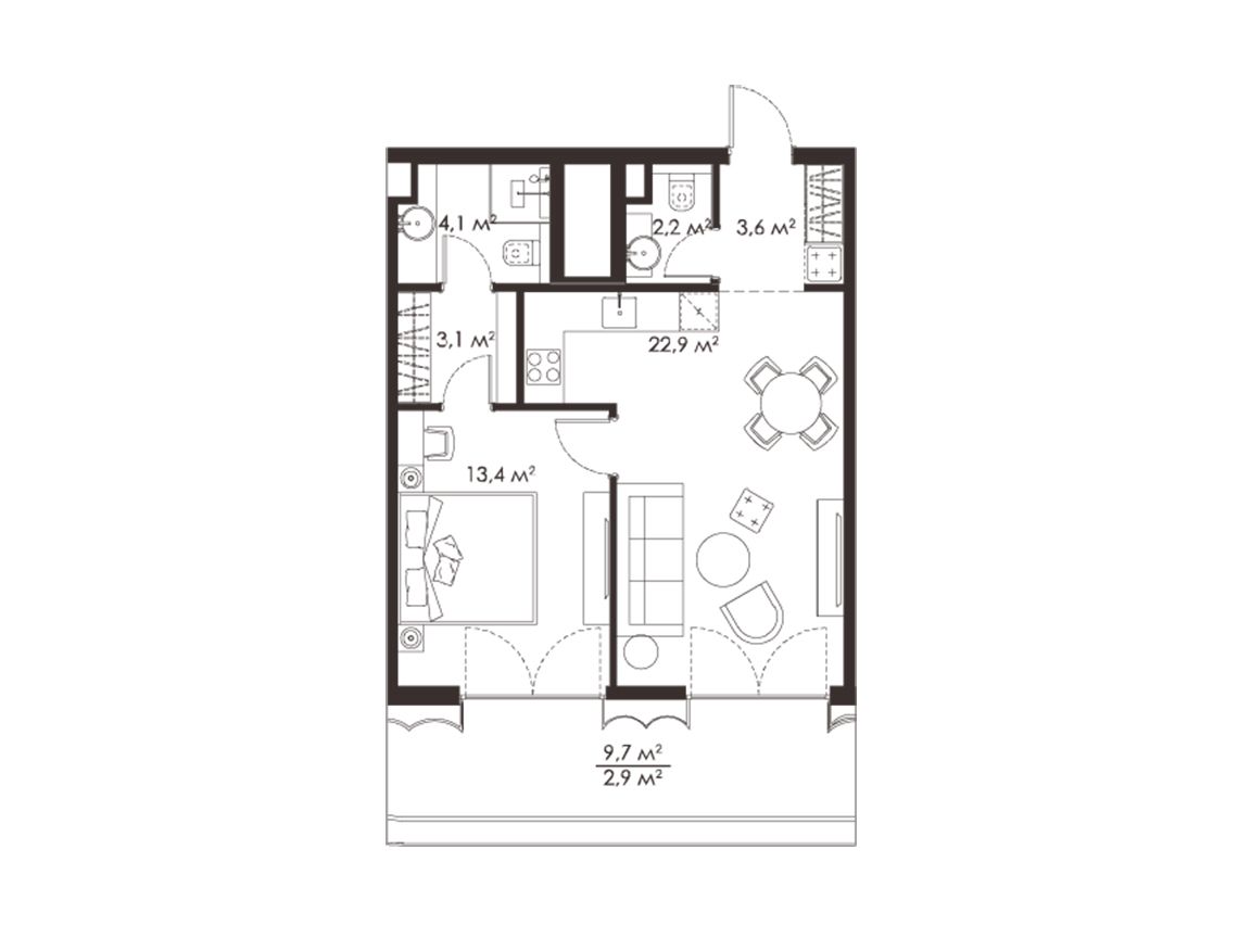 Планировка: 1-комн. квартира 53.10 м² в новостройке Кинг энд Санс