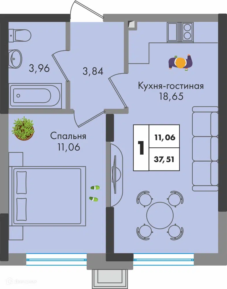 Планировка: 1-комн. квартира 37.51 м² в новостройке Зелёная территория