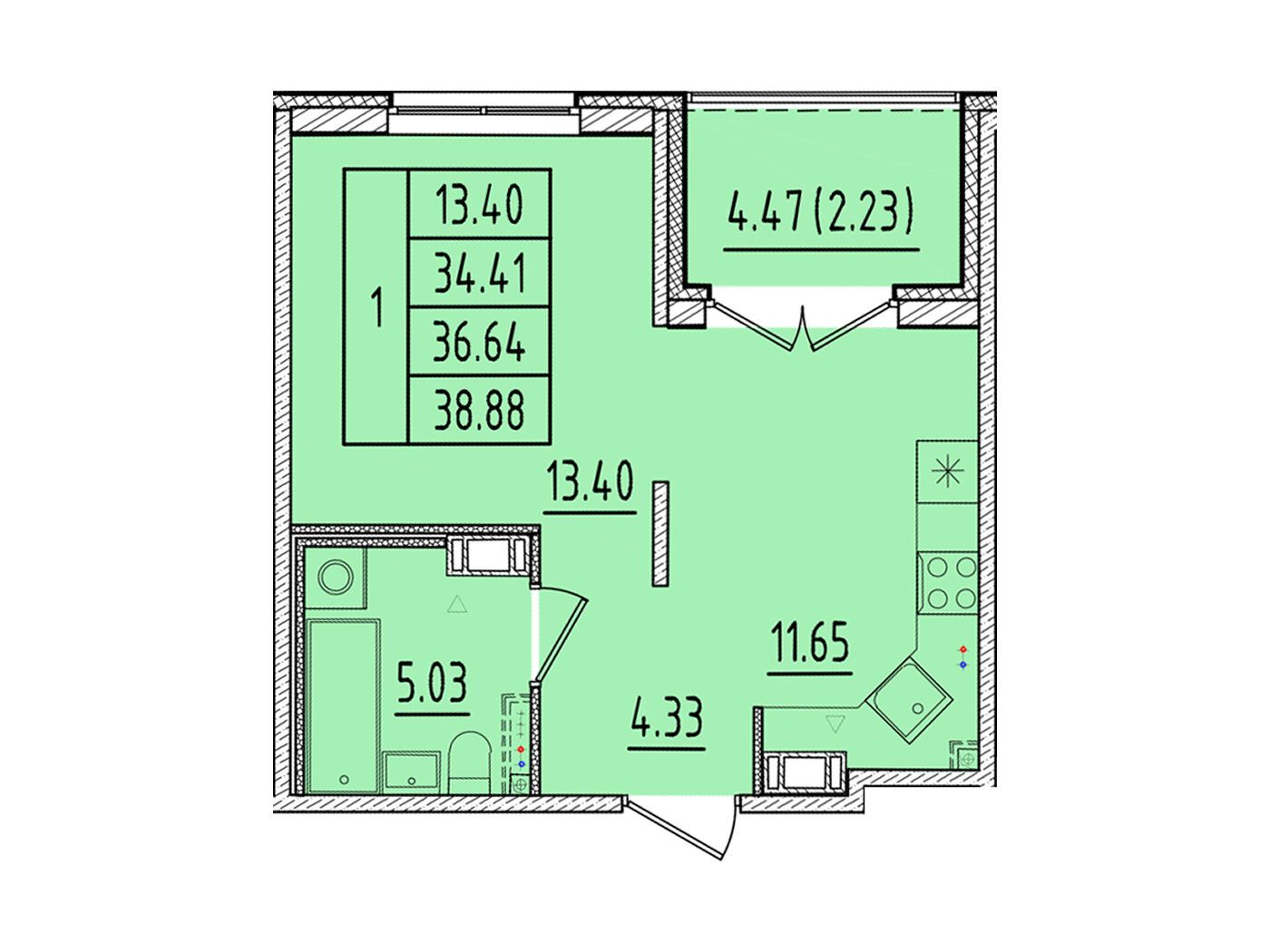 Планировка: 1-комн. квартира 34.41 м² в новостройке Образцовый квартал 17