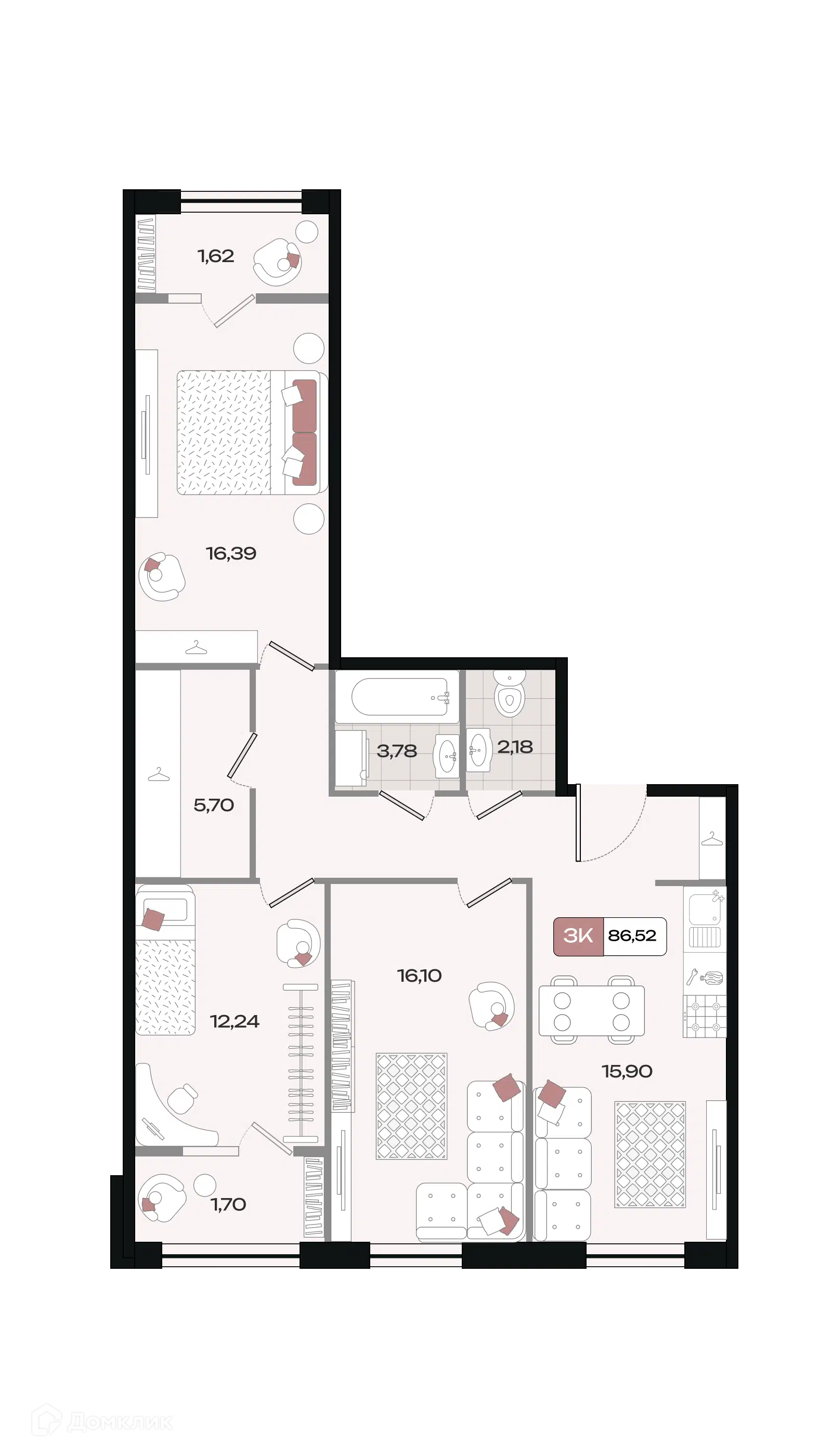 Планировка: 3-комн. квартира 86.52 м² в новостройке Коллекция