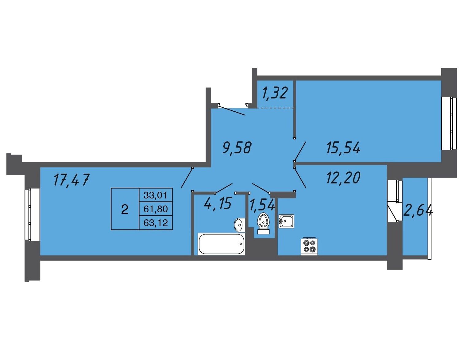 Планировка: 2-комн. квартира 62.95 м² в новостройке Апрель