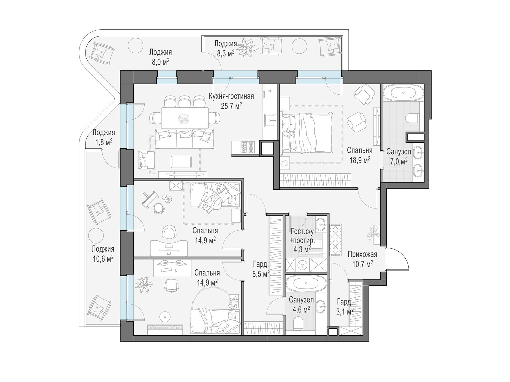 Планировка: 3-комн. квартира 127.00 м² в новостройке ЖК Форивер
