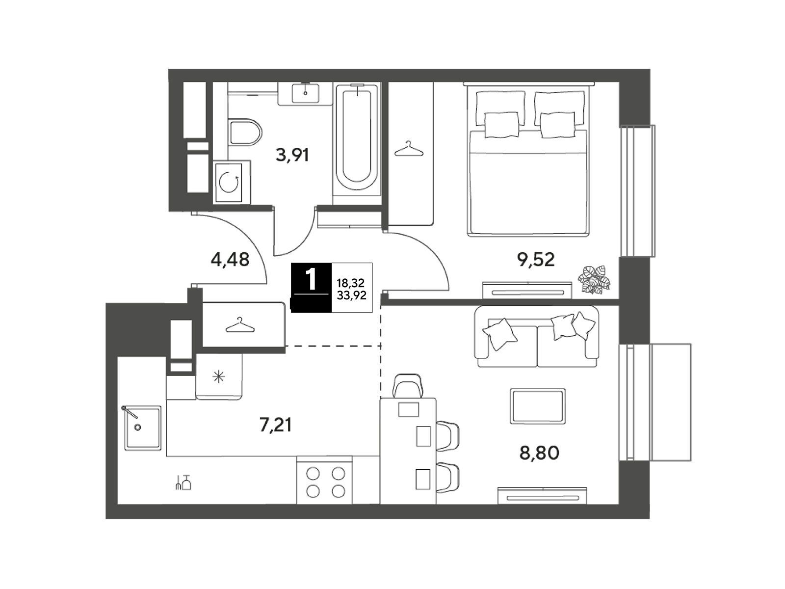 Планировка: 1-комн. квартира 33.92 м² в новостройке Публицист