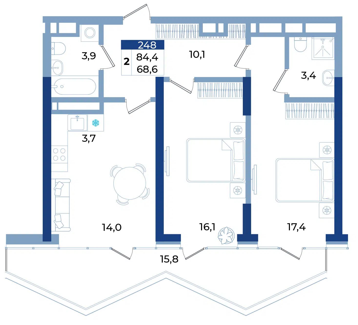 Планировка: 2-комн. квартира 84.40 м² в новостройке Комплекс апартаментов Эфириум