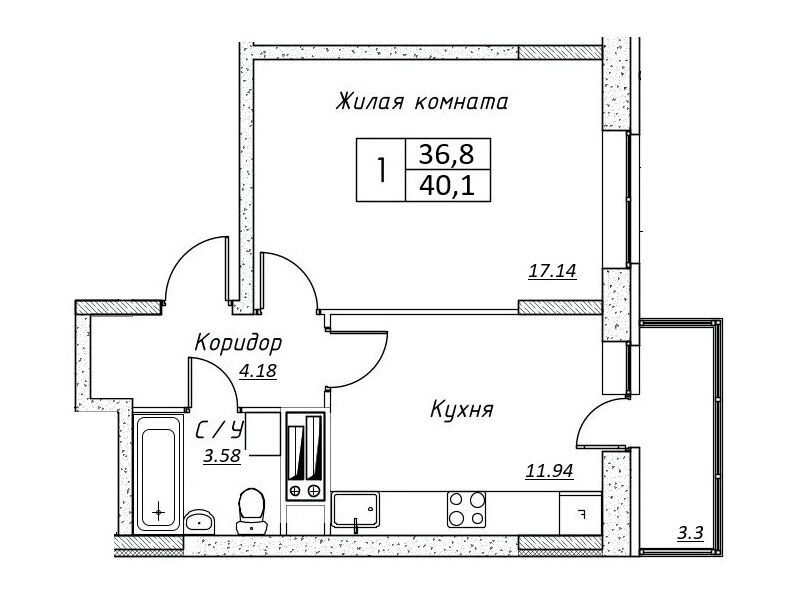 Планировка: 1-комн. квартира 40.10 м² в новостройке Шоколад