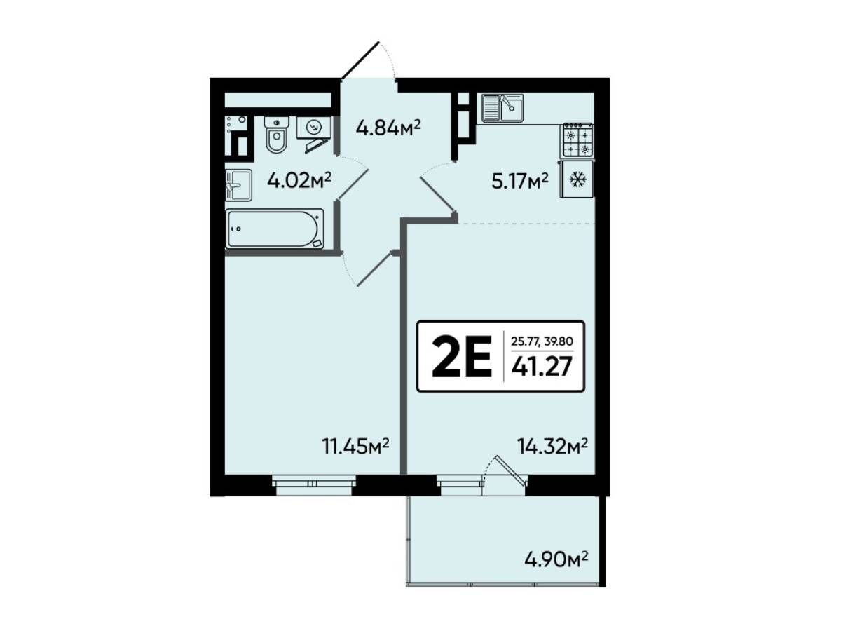 Планировка: 2-комн. квартира 41.27 м² в новостройке Северный Квартал