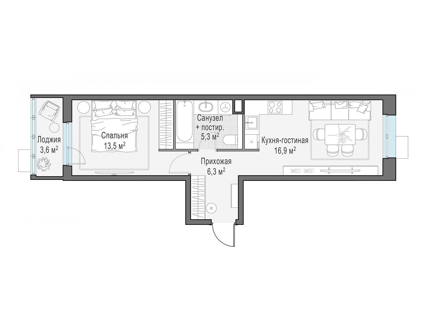 Планировка: 1-комн. квартира 41.80 м² в новостройке ЖК Новое Пушкино