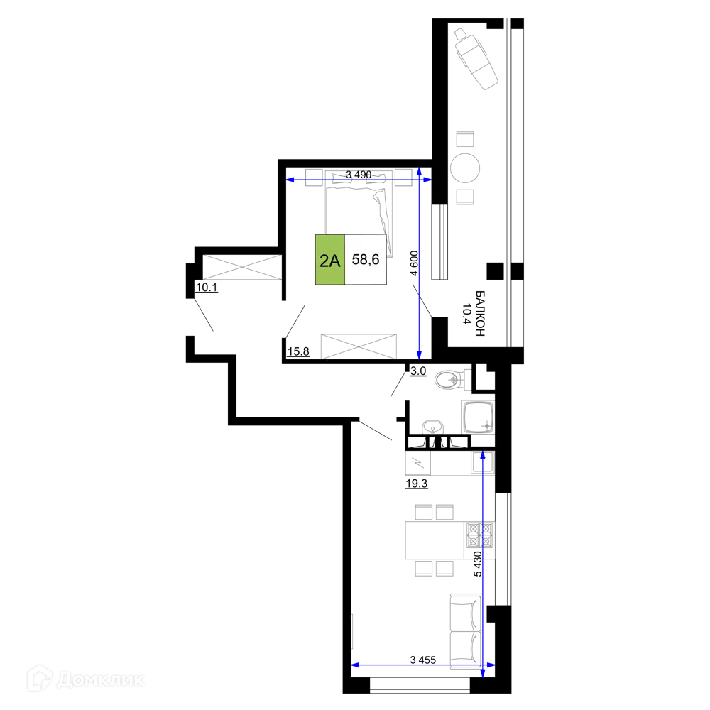 Планировка: 2-комн. квартира 58.60 м² в новостройке Мореград