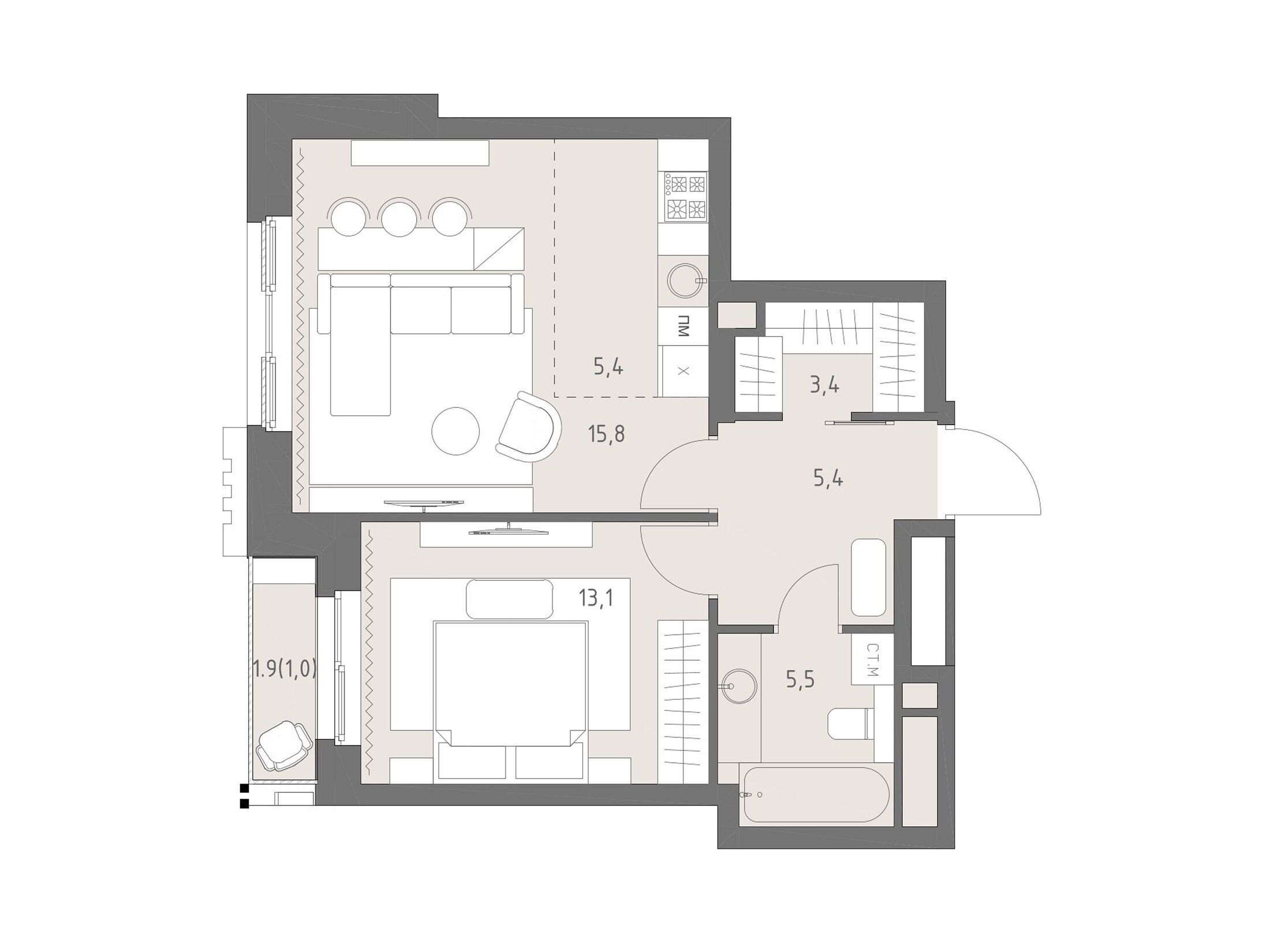 Планировка: 2-комн. квартира 49.60 м² в новостройке Родина Парк