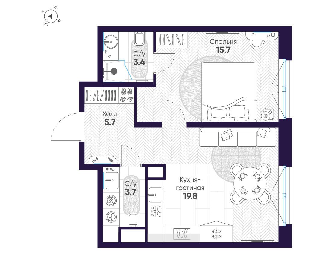 Планировка: 1-комн. квартира 48.30 м² в новостройке ЛДМ