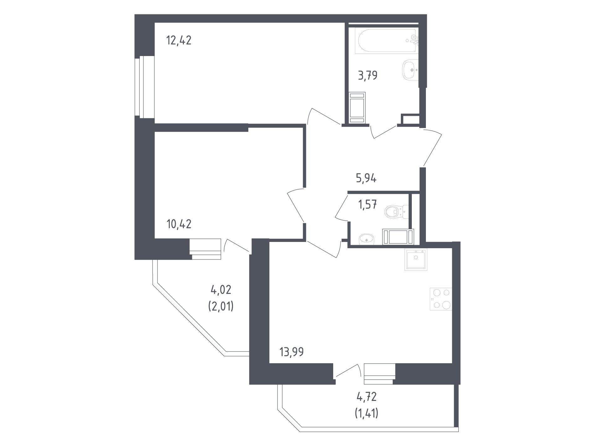 Планировка: 2-комн. квартира 51.55 м² в новостройке Живи! В Рыбацком