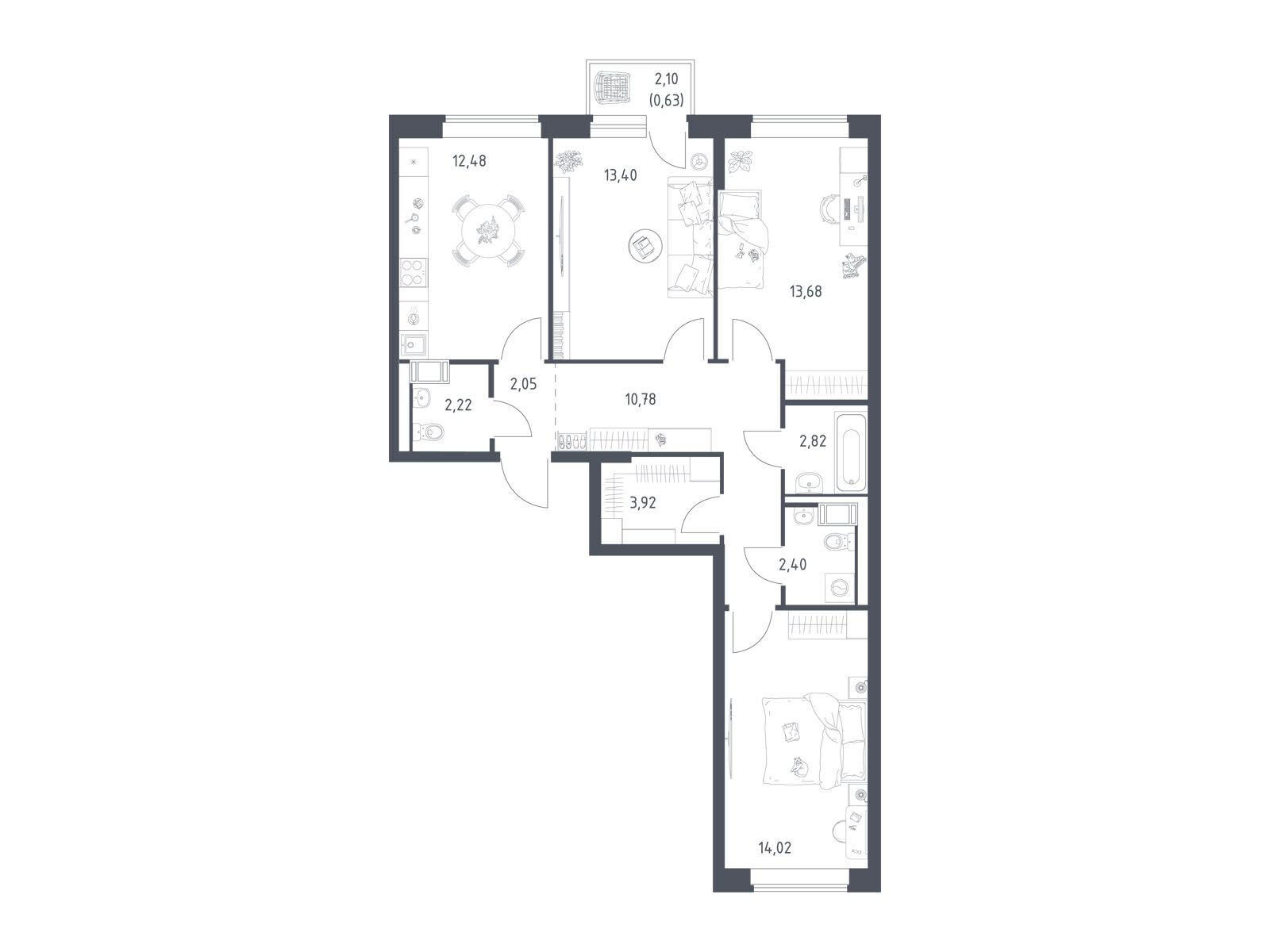 Планировка: 3-комн. квартира 77.90 м² в новостройке Томилино Парк