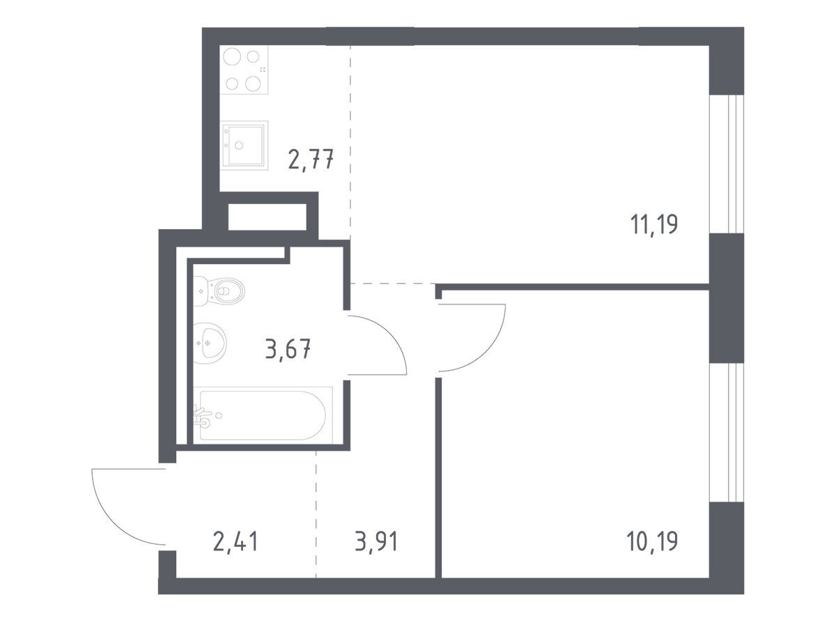 Планировка: 1-комн. квартира 34.14 м² в новостройке Лаголово