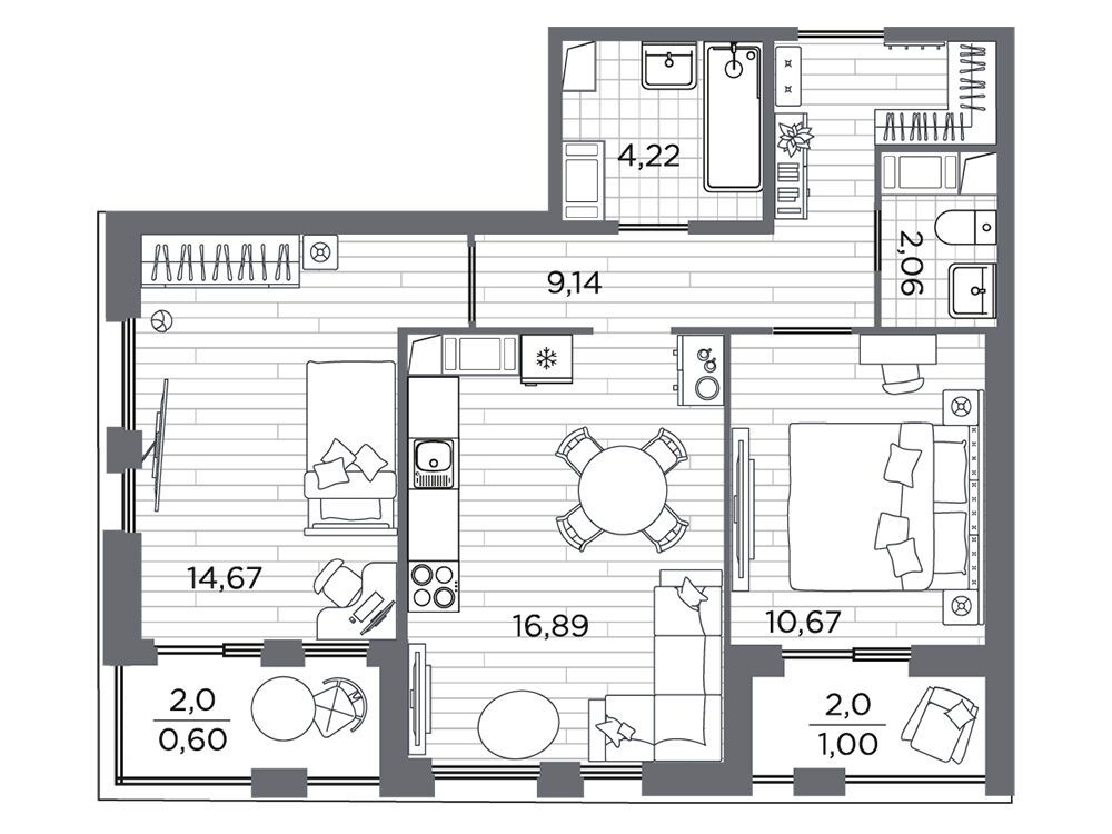 Планировка: 2-комн. квартира 59.25 м² в новостройке Респект