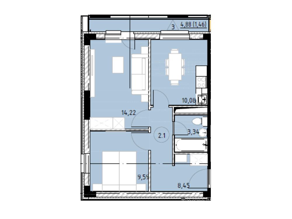 Планировка: 2-комн. квартира 47.14 м² в новостройке Горки Марусино
