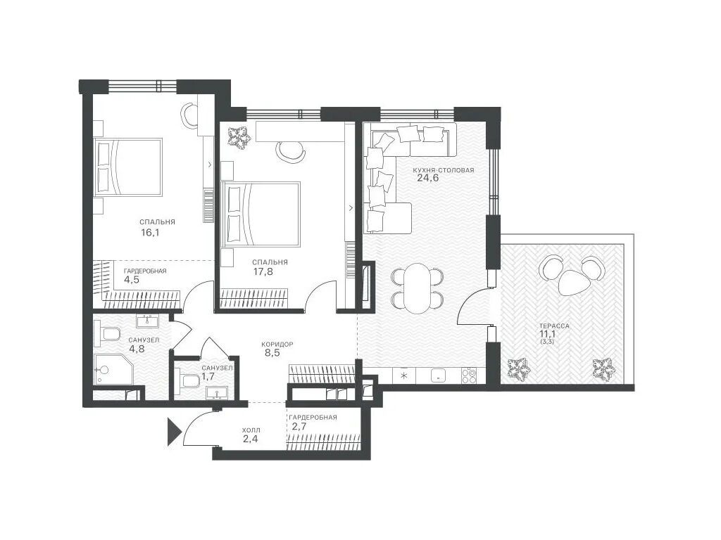Планировка: 2-комн. квартира 78.63 м² в новостройке Крылатская 33