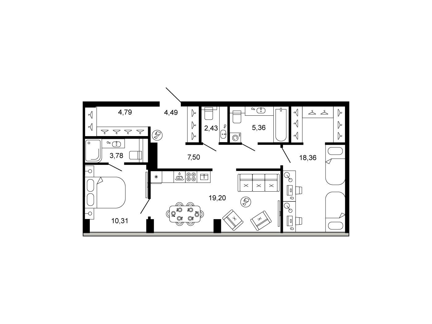 Планировка: 3-комн. квартира 76.23 м² в новостройке Новая, 11