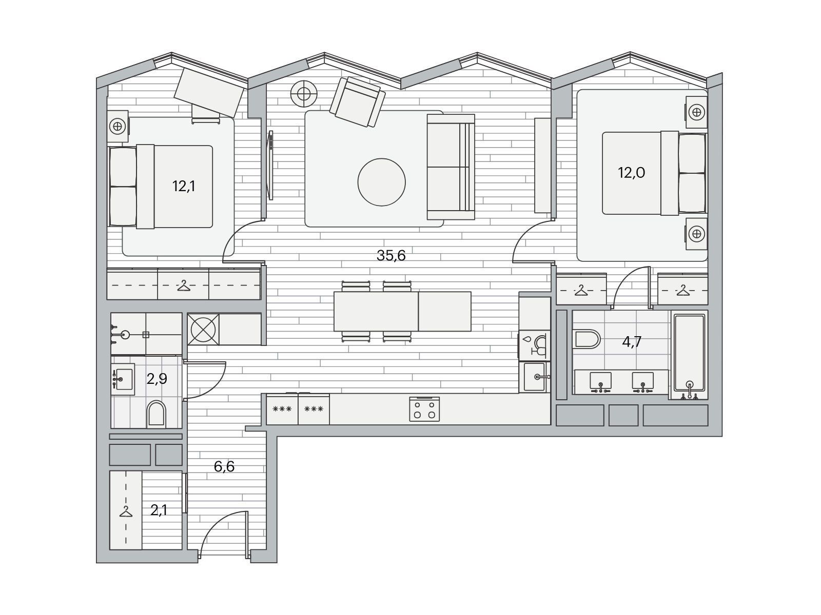 Планировка: 2-комн. квартира 75.00 м² в новостройке Береговой-2
