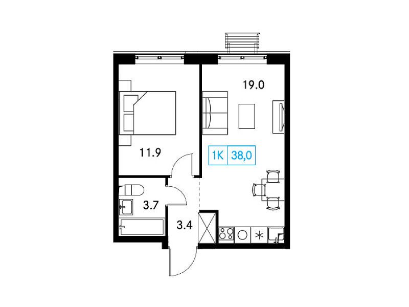 Планировка: 1-комн. квартира 37.80 м² в новостройке ЖК Новый Зеленоград