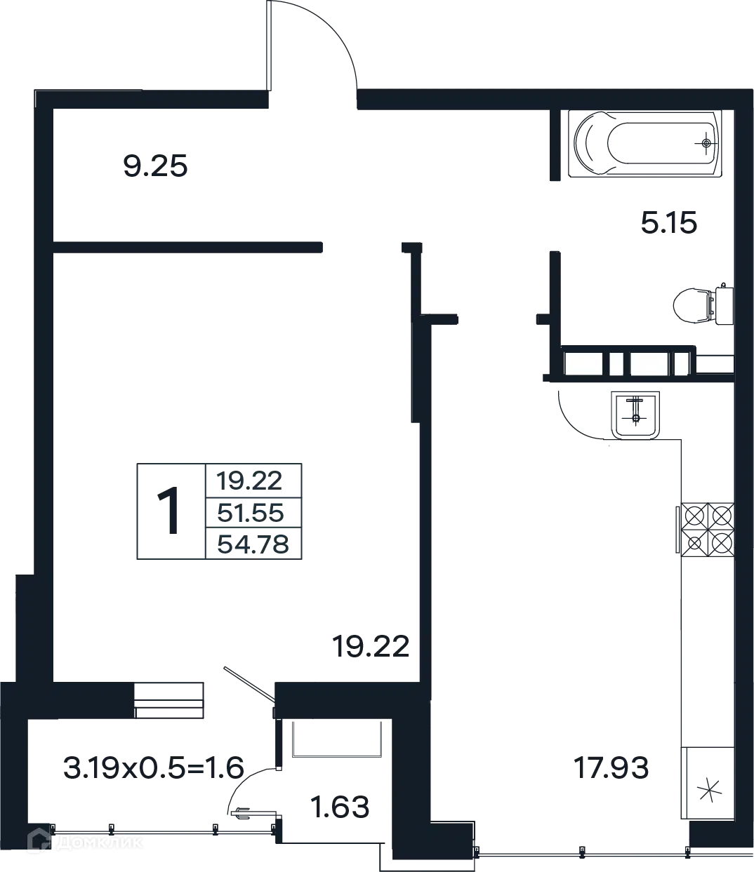 Планировка: 1-комн. квартира 54.78 м² в новостройке Эндемик