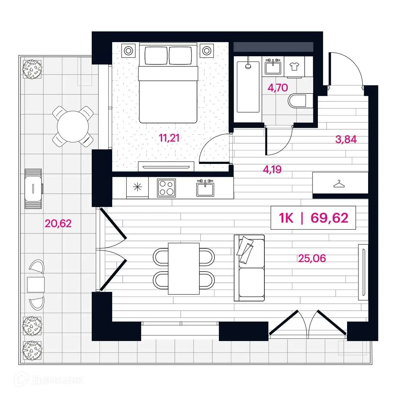 Планировка: 1-комн. квартира 69.58 м² в новостройке Пушкина