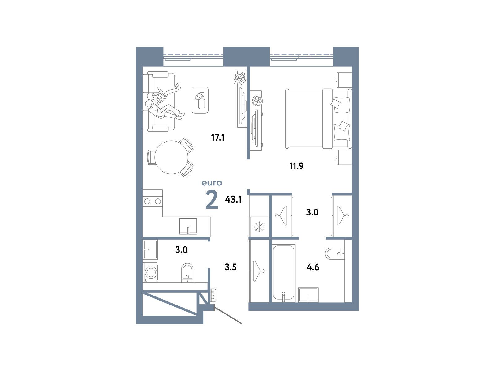 Планировка: 2-комн. квартира 43.10 м² в новостройке Страна. Заречная