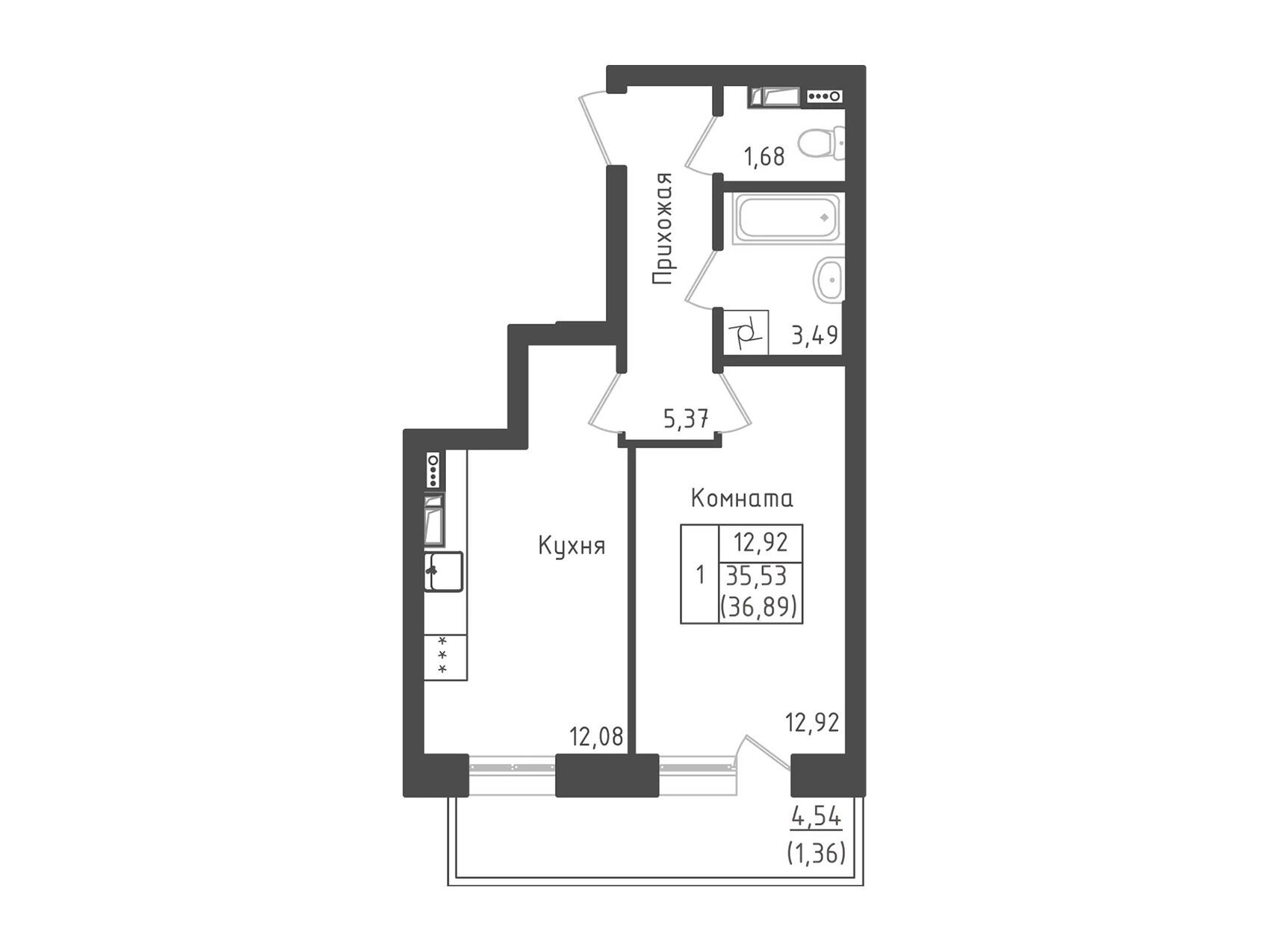 Планировка: 1-комн. квартира 36.89 м² в новостройке Зеленый Город