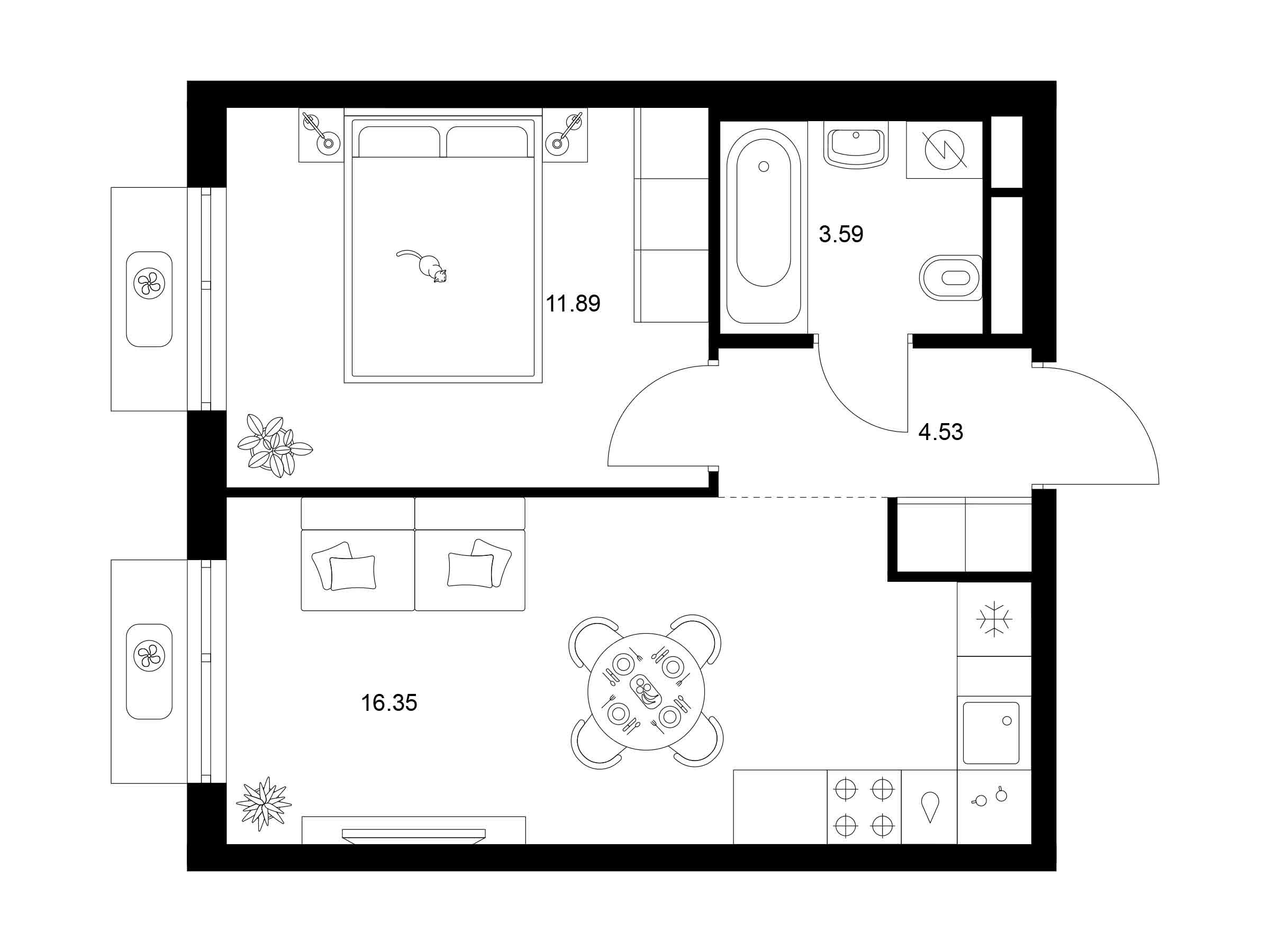 Планировка: 1-комн. квартира 36.36 м² в новостройке Квартал Мит