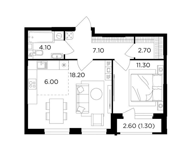 Планировка: 1-комн. квартира 50.70 м² в новостройке Филатов луг