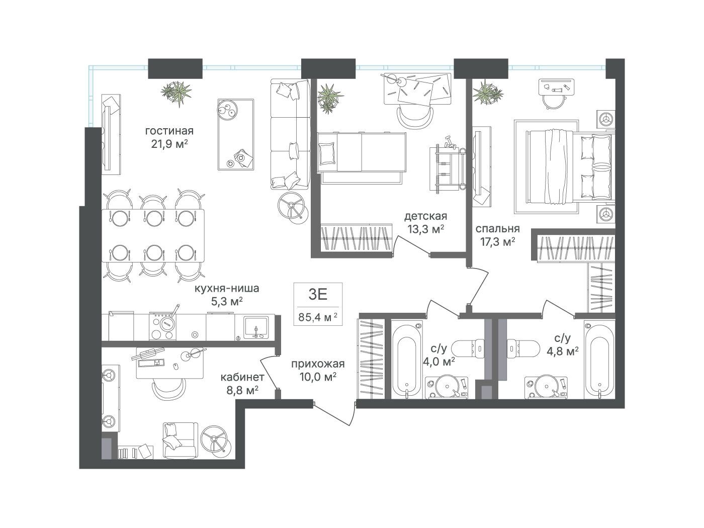 Планировка: 2-комн. квартира 85.40 м² в новостройке Петровский парк II