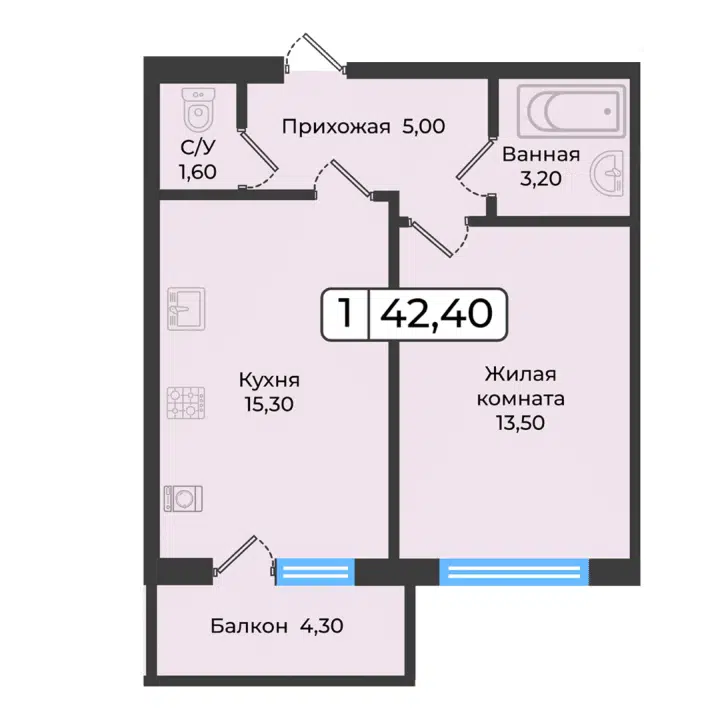Планировка: 1-комн. квартира 42.40 м² в новостройке Европейский 5