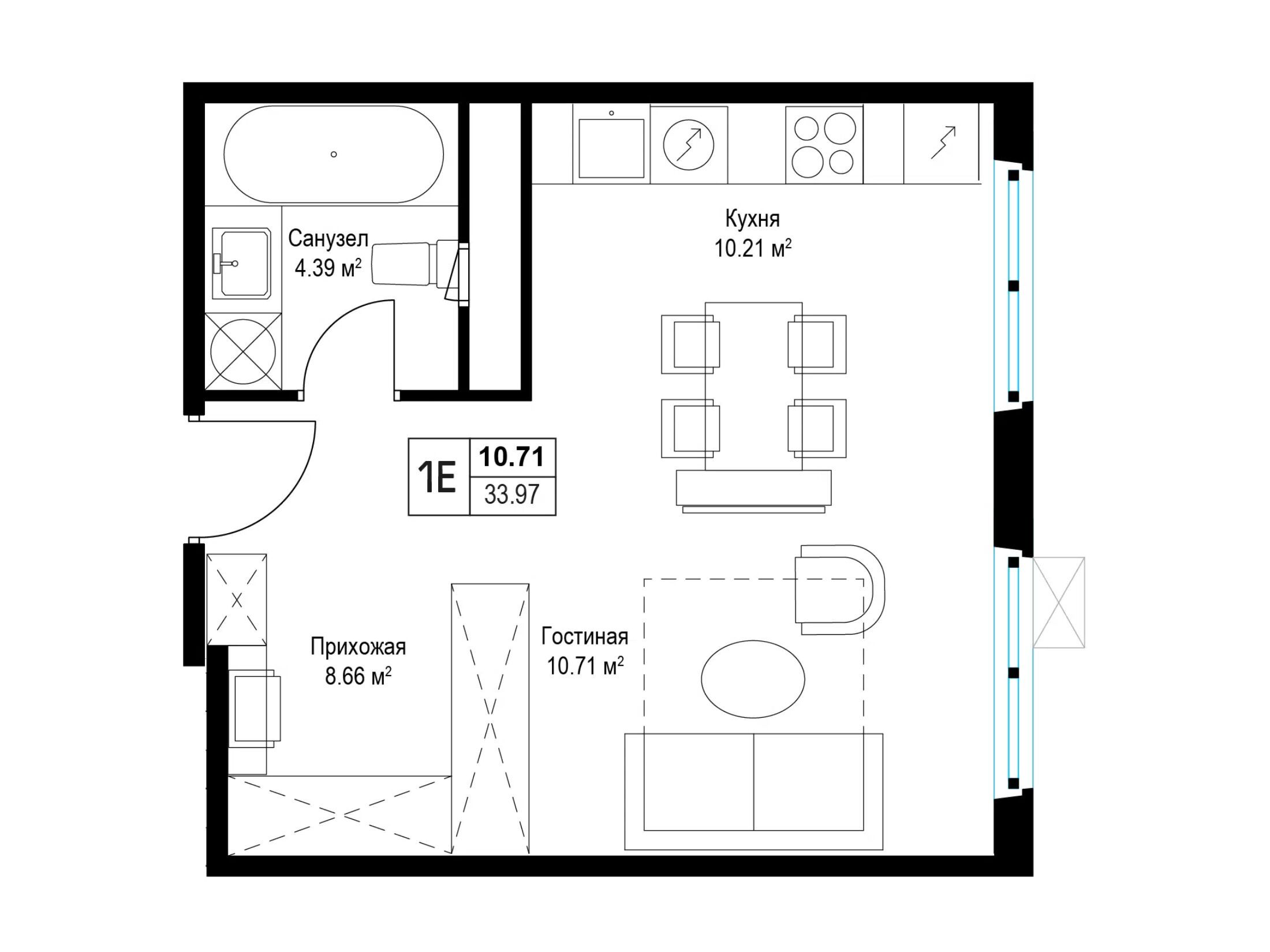 Планировка: 1-комн. квартира 33.00 м² в новостройке У реки Эко Видное 2