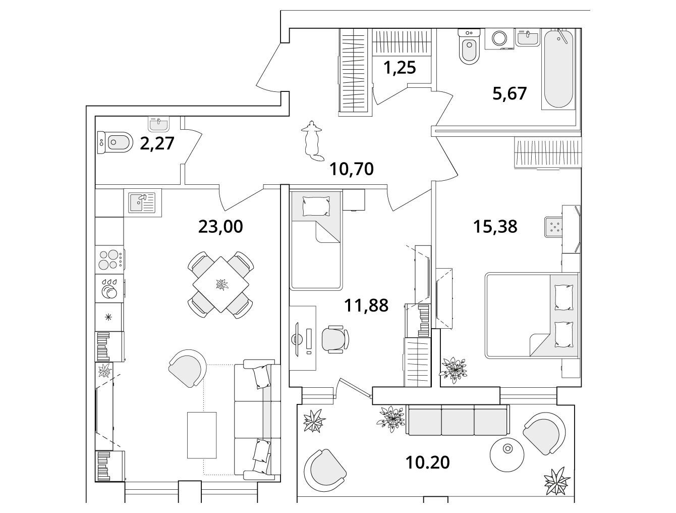 Планировка: 2-комн. квартира 75.10 м² в новостройке Куб