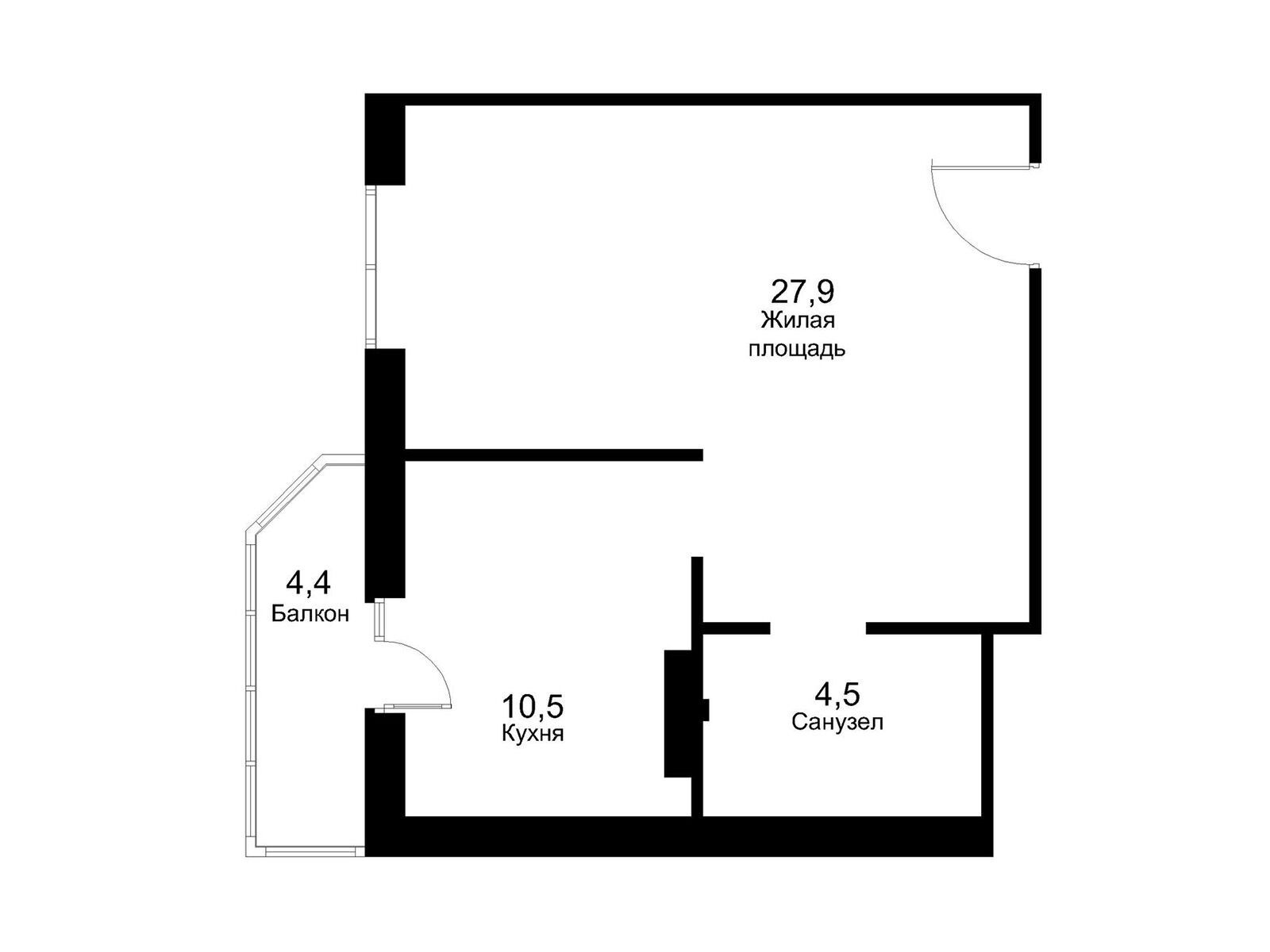 Планировка: 1-комн. квартира 47.30 м² в новостройке Москворецкий