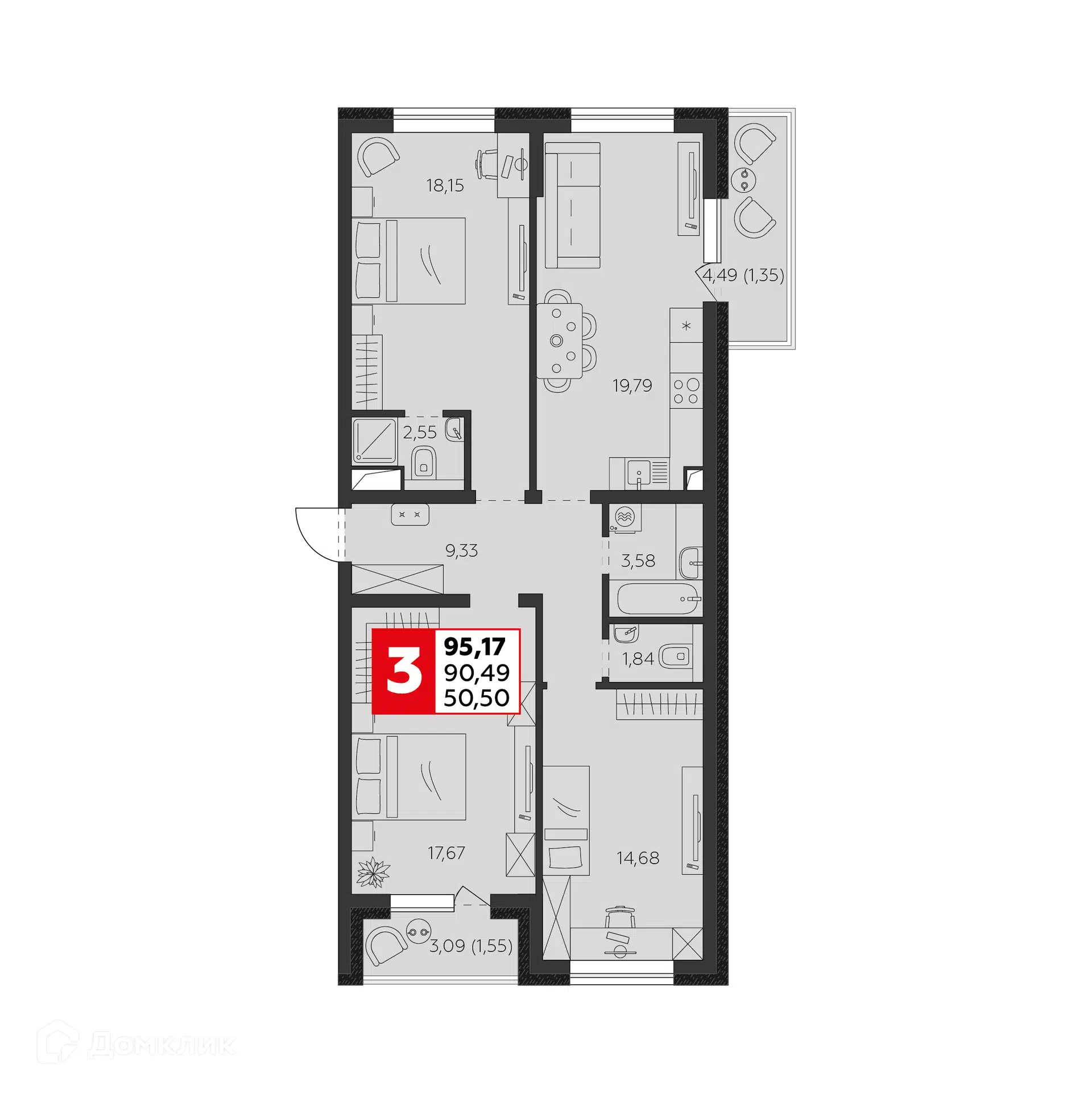Планировка: 4-комн. квартира 90.49 м² в новостройке К24