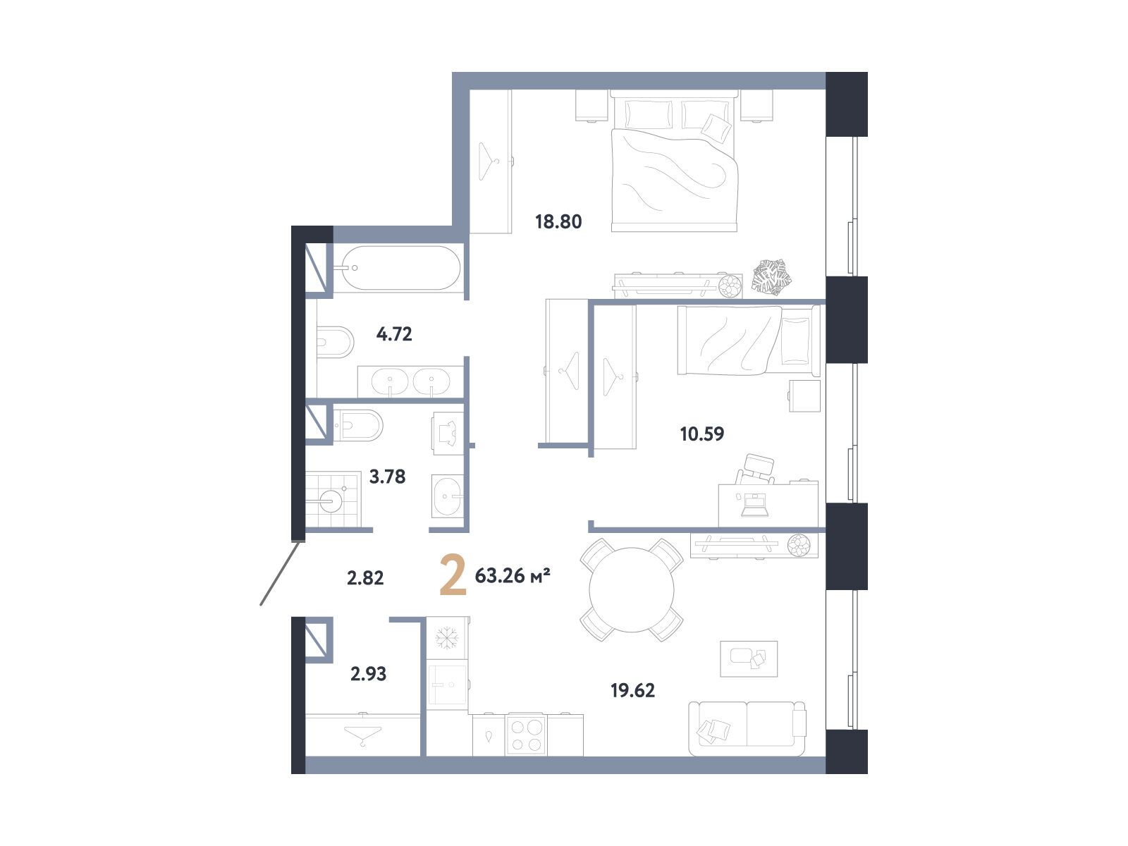 Планировка: 2-комн. квартира 63.26 м² в новостройке Репаблик
