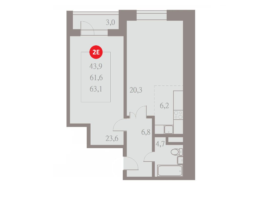 Планировка: 2-комн. квартира 63.30 м² в новостройке Отлично