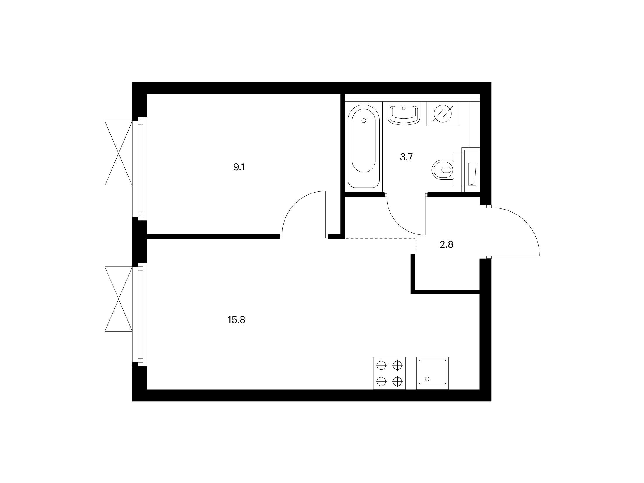 Планировка: 1-комн. квартира 31.40 м² в новостройке Первый Дубровский