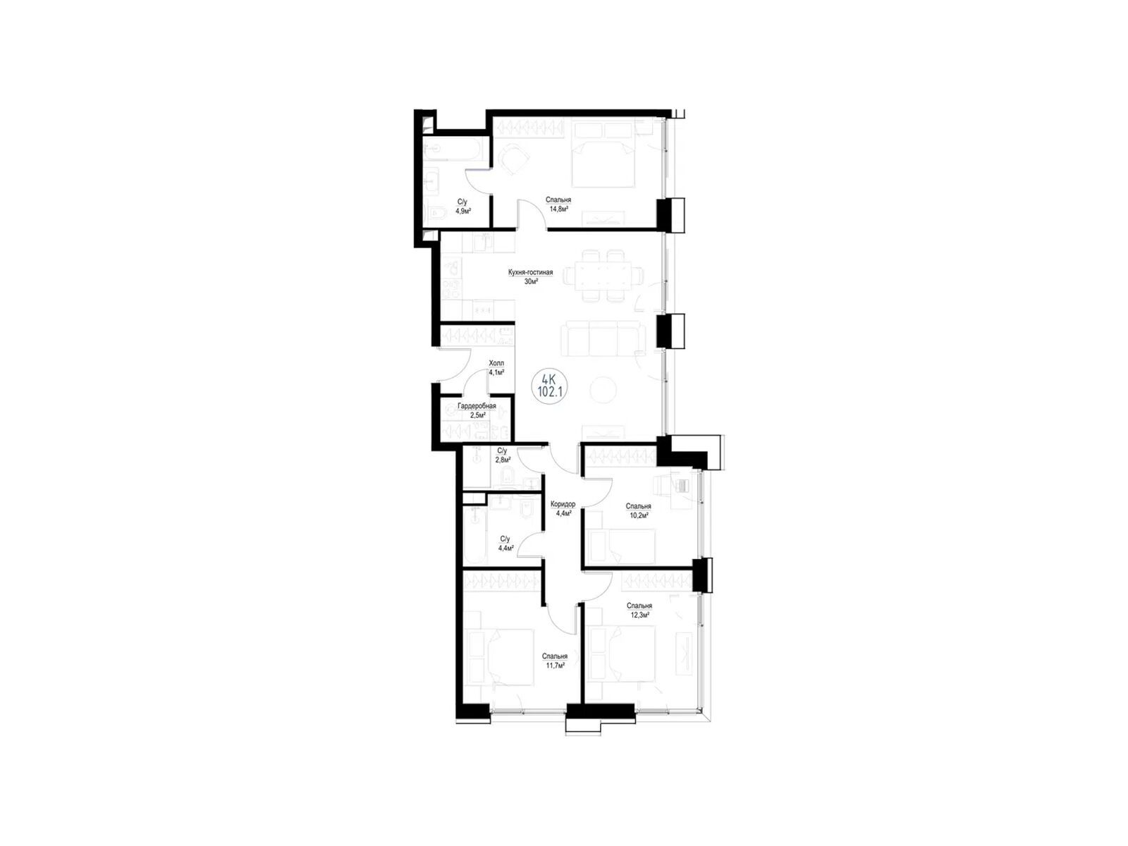 Планировка: 4-комн. квартира 99.70 м² в новостройке Метрополия