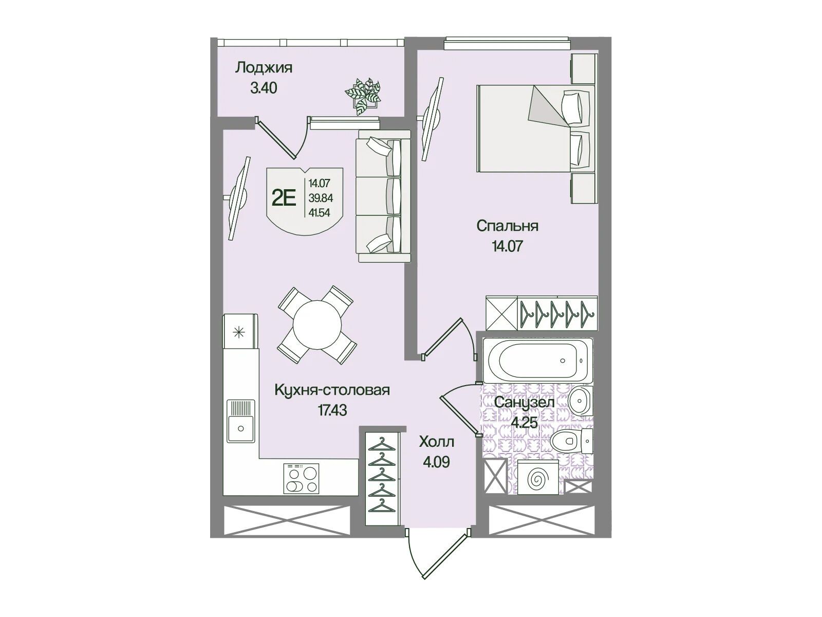 Планировка: 1-комн. квартира 41.54 м² в новостройке Охтинские высоты