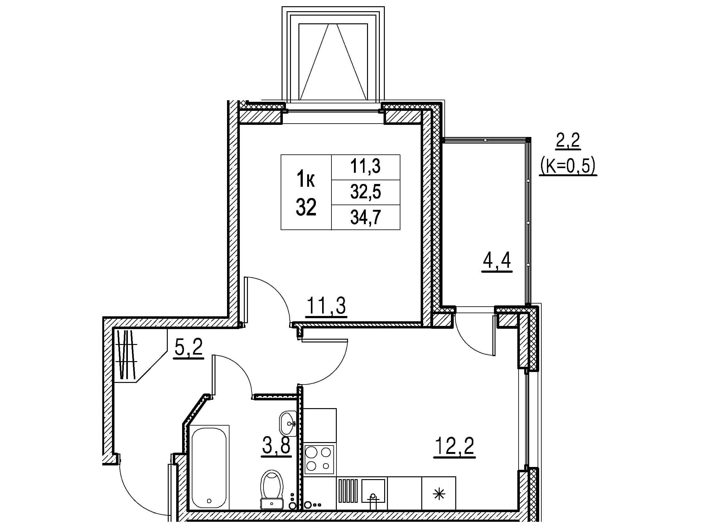 Планировка: 1-комн. квартира 34.70 м² в новостройке Ново-Антропшино