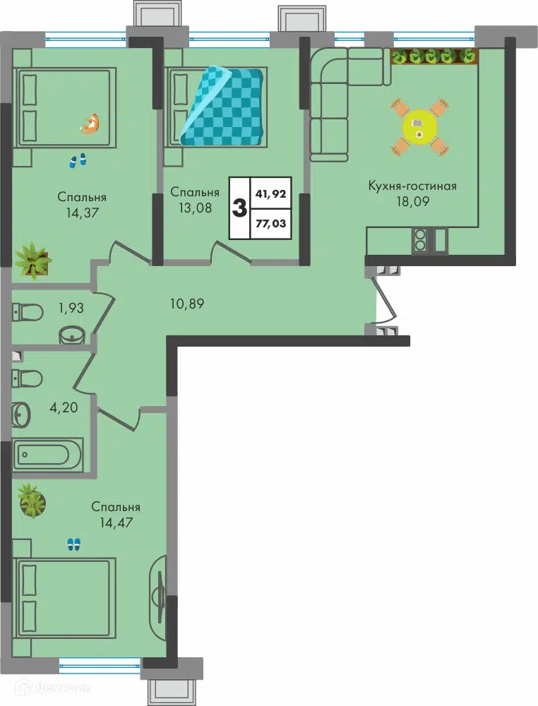 Планировка: 3-комн. квартира 77.00 м² в новостройке Зелёная территория
