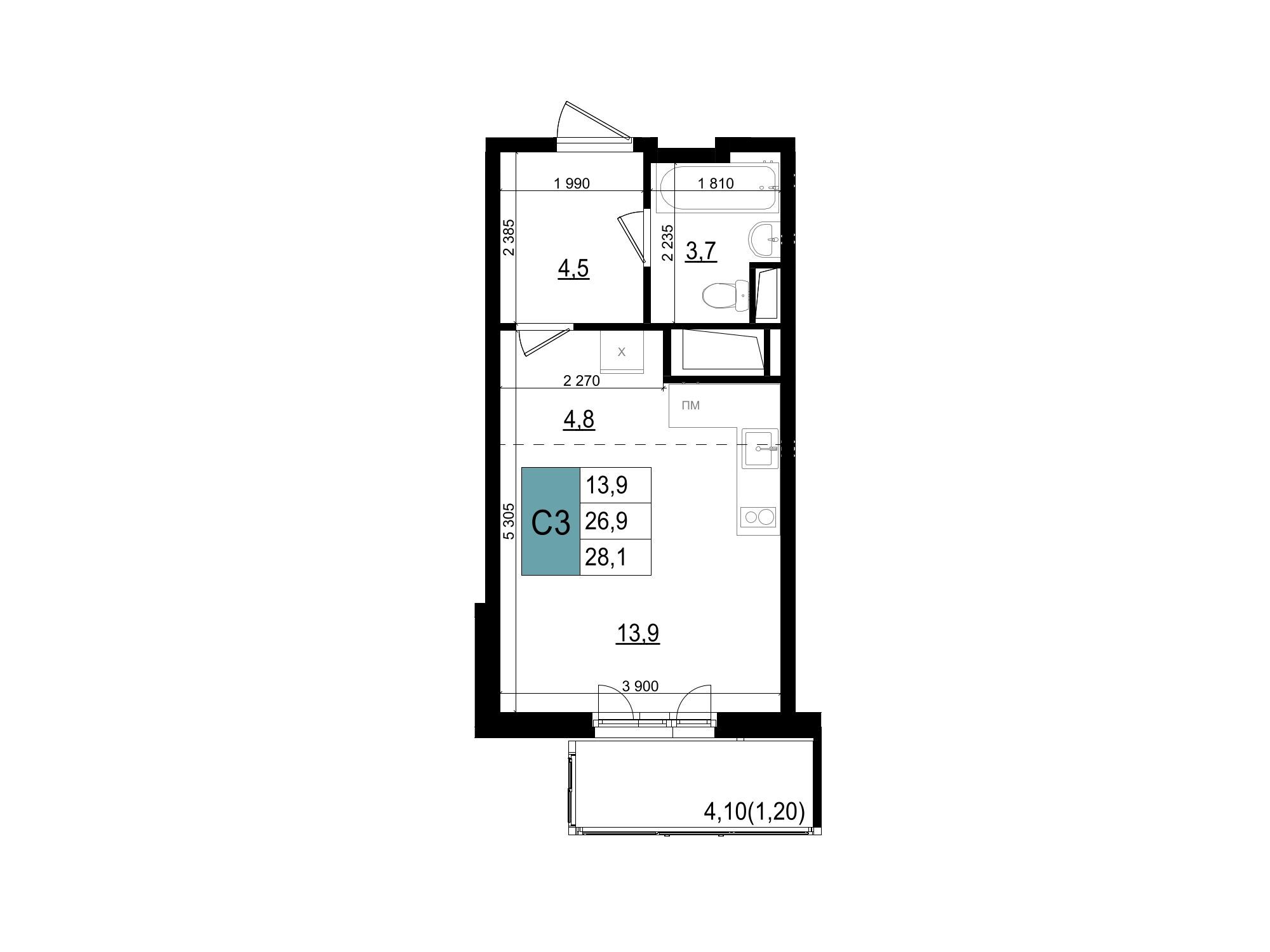 Планировка: Студия 28.10 м² в новостройке Одинцово сити