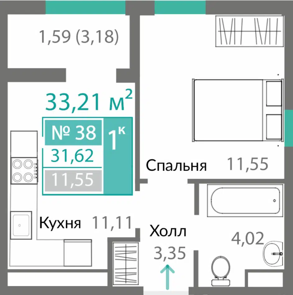 Планировка: 1-комн. квартира 31.62 м² в новостройке ЖК Горизонты-2