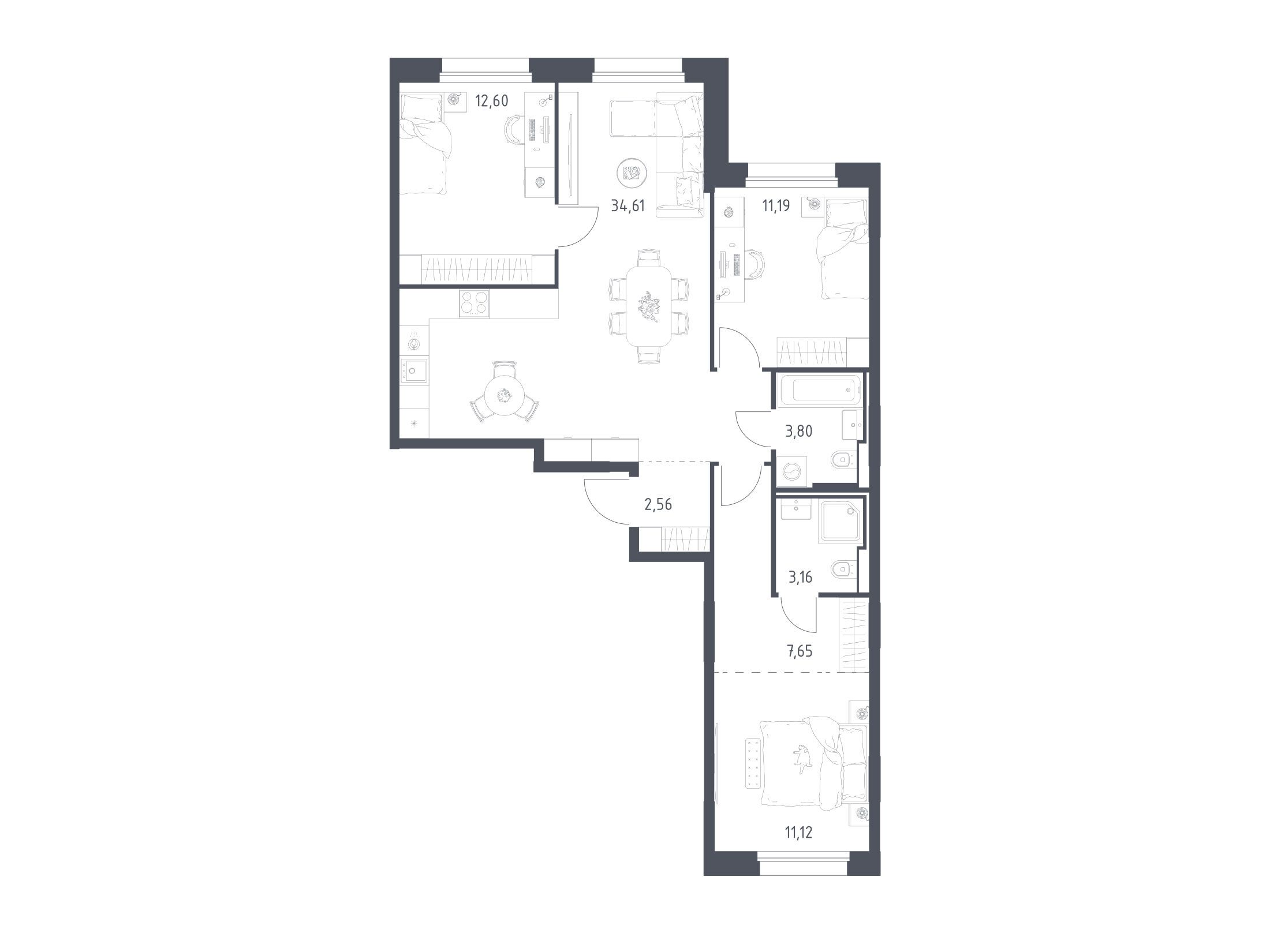 Планировка: 3-комн. квартира 86.69 м² в новостройке Заречье Парк